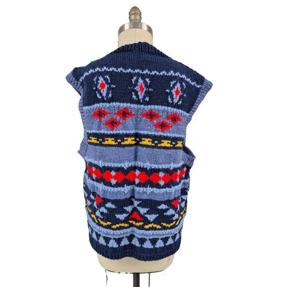 80s 90s VTG Ugly Hand Knit Wool Sweater Vest Blue/Red/Yellow Unisex  Size L OOAK - Picture 3 of 5